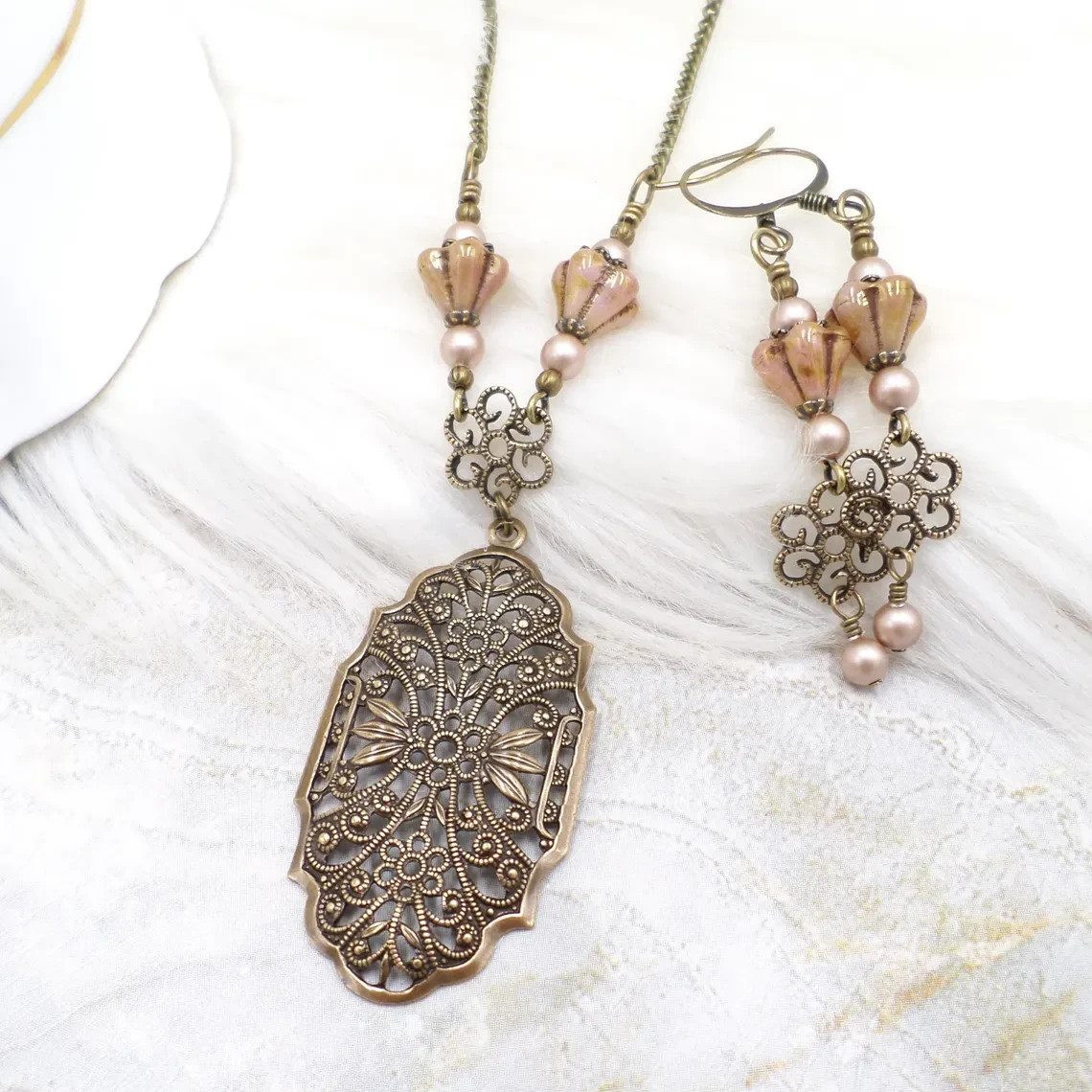 Victorian Style Brass Filigree Blush Pink Flower & Pearl Necklace Set