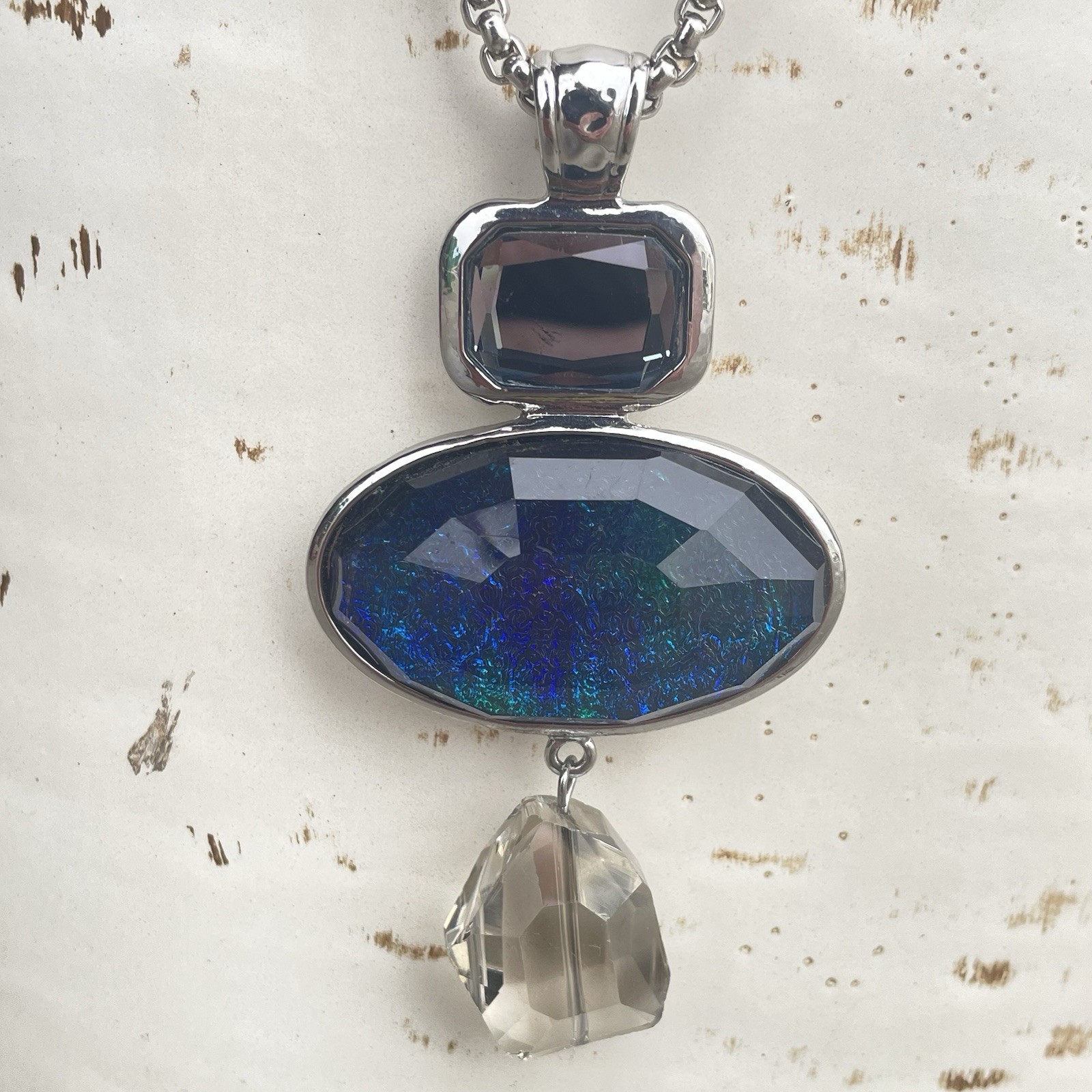 Chico’s Silver Tone Textured Chain Gray Cord Blue Jewel Charm Necklace Chic 34”