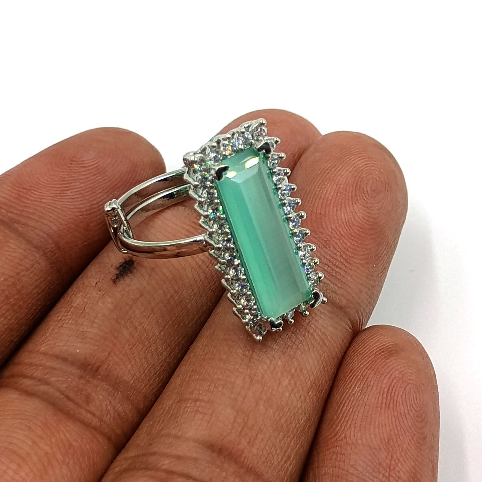 Elegant Aqua Chalcedony CZ Cocktail Ring Adjustable White Plated Boho Jewelry