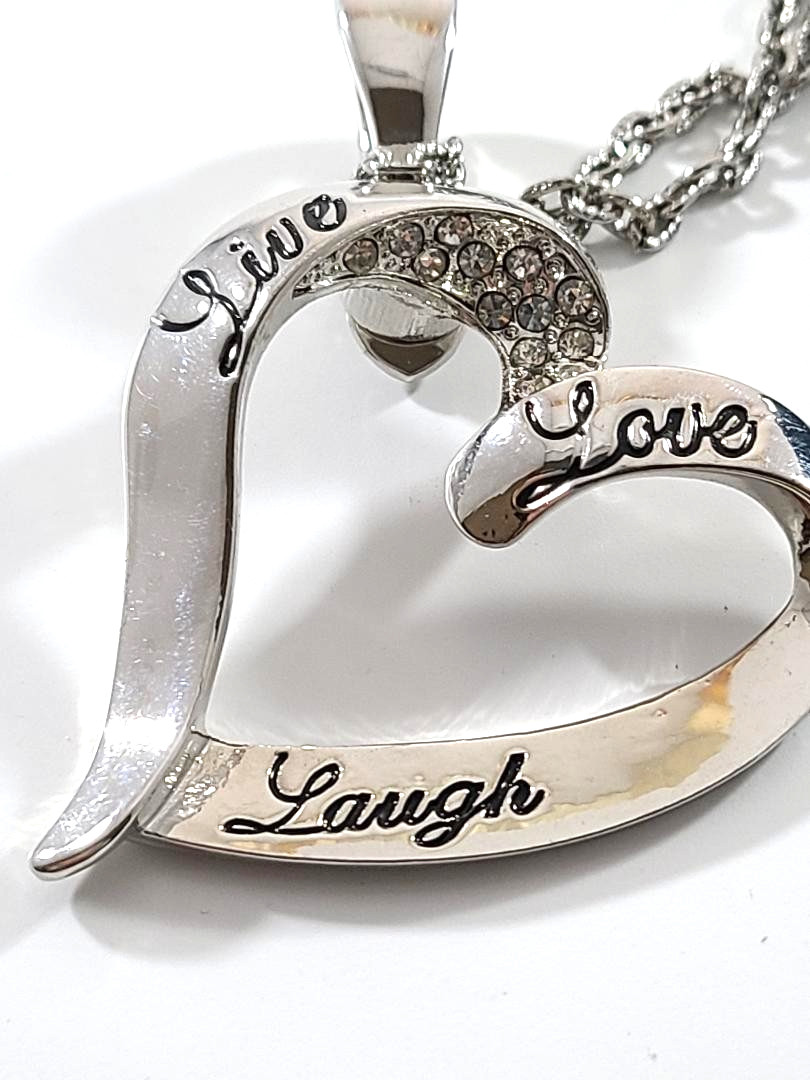 Signed Roman Live Love Laugh Open Heart Silver Tone Pendant Necklace Free Ship