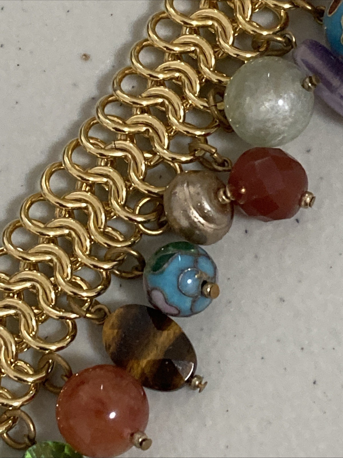R J GRAZIANO Necklace Gold Tone Gemstone Cloisonne Glass Beads Dangles Jewelry