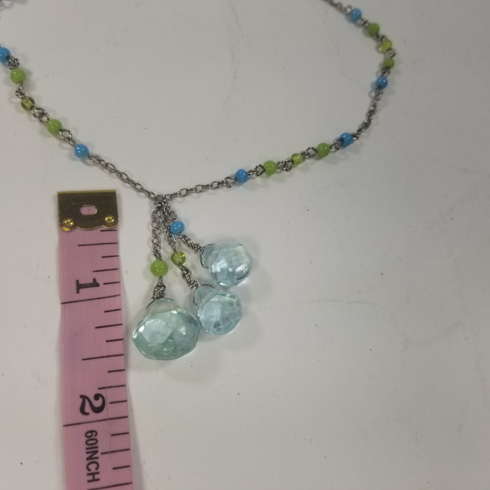 EXPRESS Blue Glass & Acrylic Beaded Dangle Tassle Pendant Necklace Silver Tone