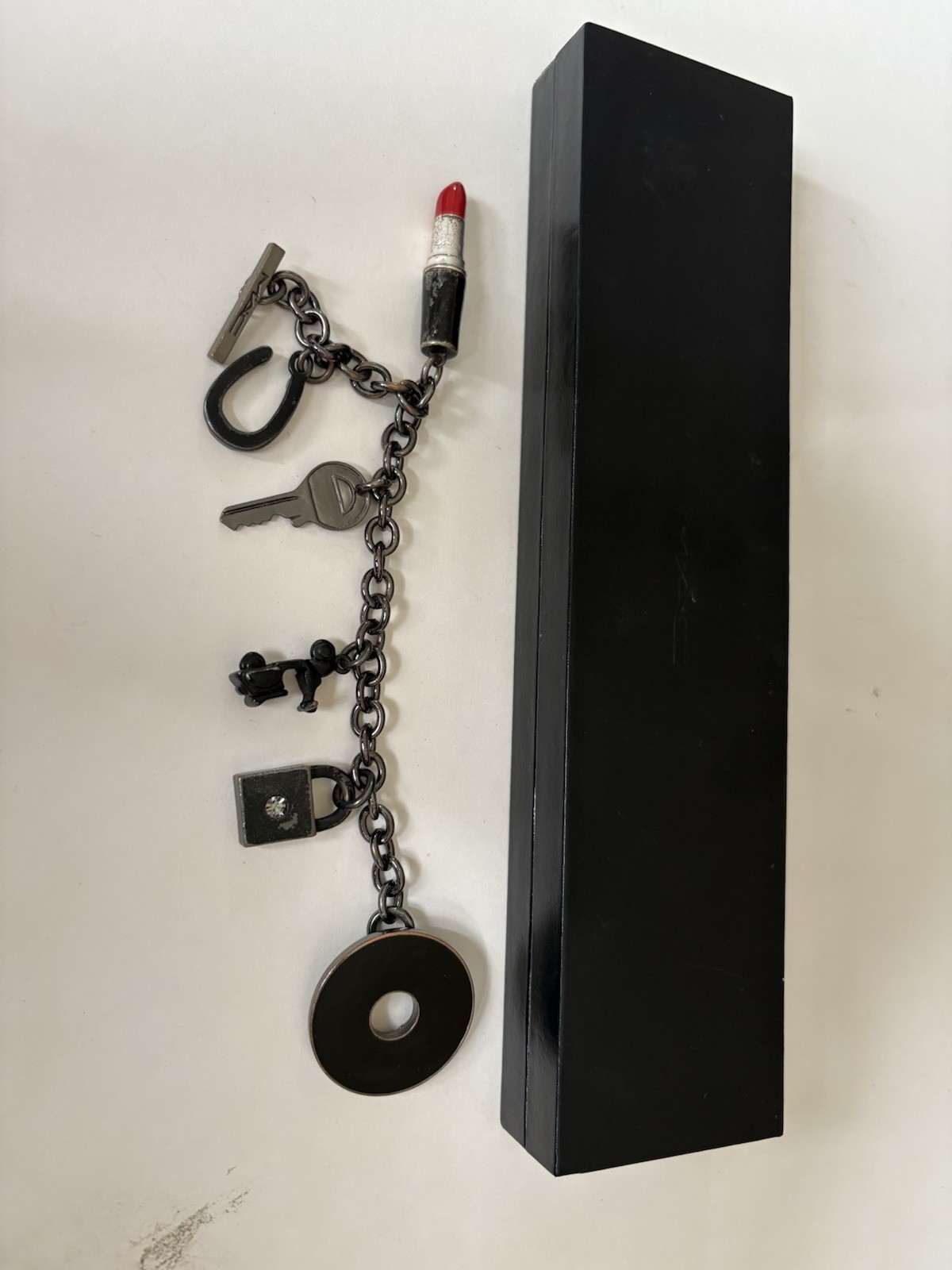 Vintage MAC Charm Bracelet Lipstick Black Signed Key Employee Only Collectibles
