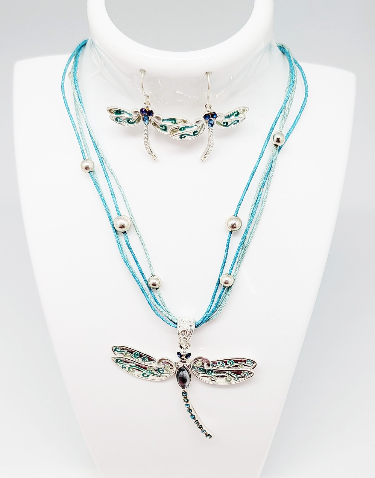 DESIGNER INSPIRED 18 in BLUE CRYSTAL ENAMEL MULTI CORD SILVERTONE JEWELRY SET