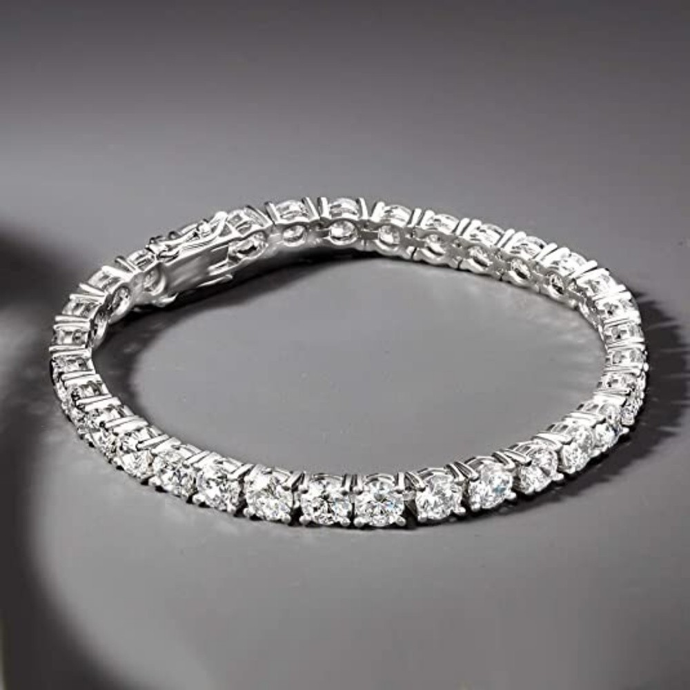 Women’s Solid 925 Sterling Silver 4mm Round Cut Clear CZ Tennis Chain Bracelet