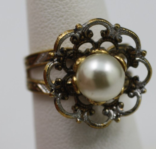 Vintage Damascene Spain style Faux Pearl Flower Adjustable band Ring size 6