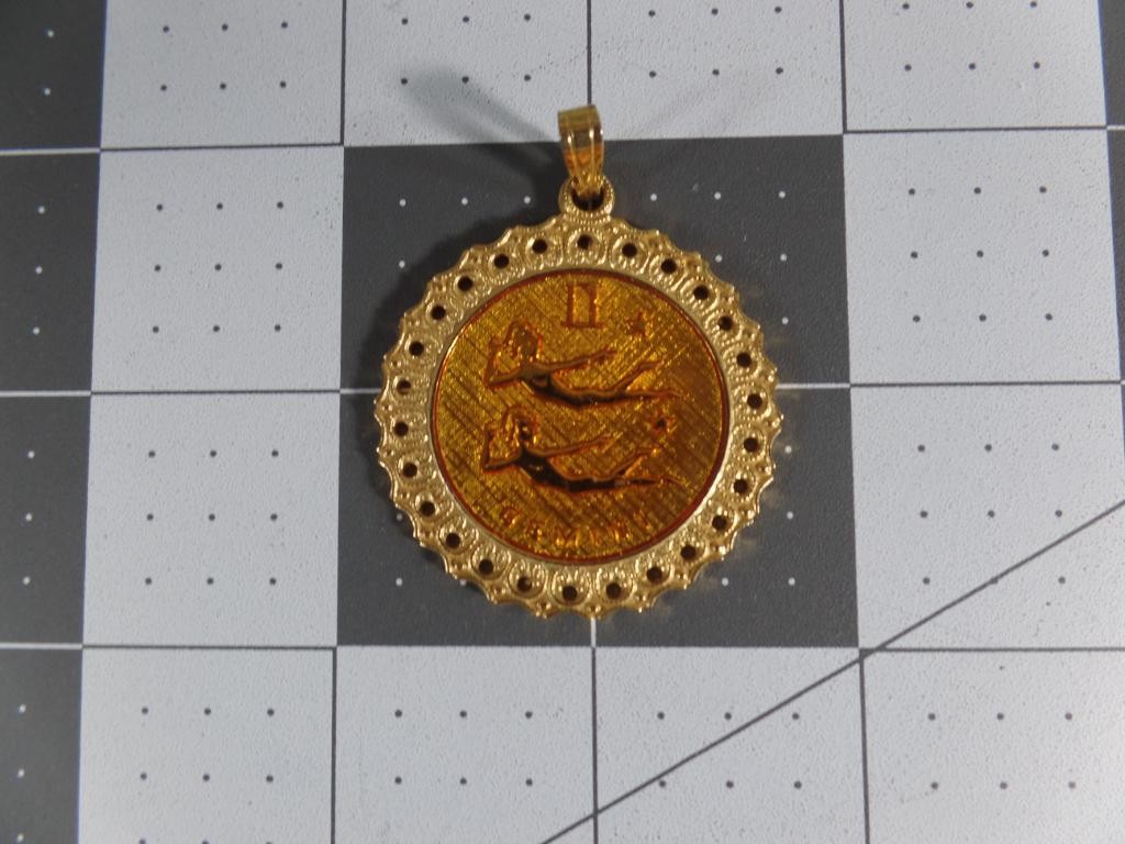 Vintage Gemini Zodiac Pendant Gold Tone Round Lace Edge Medallion Charm