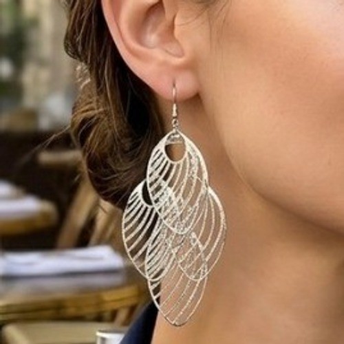 NEW Boutique Silver Layered Filigree Fan Drop Earrings 4″ Statement Chandelier