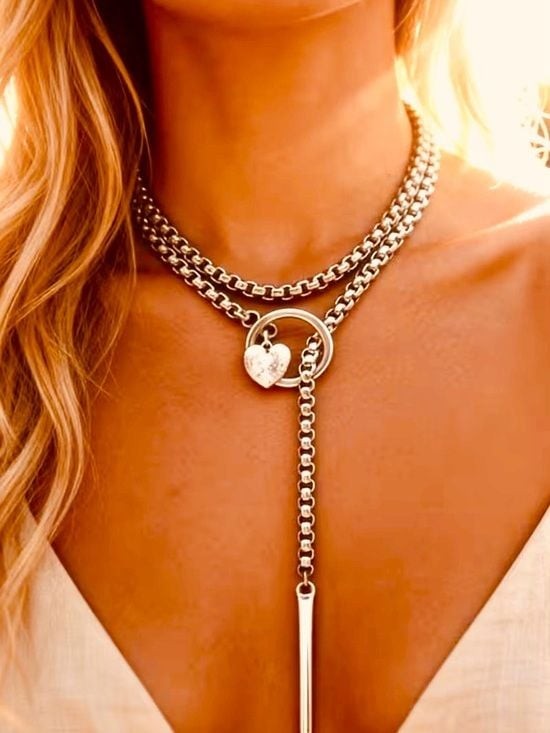 Layered Silver-Tone Heart Pendant Y-Necklace