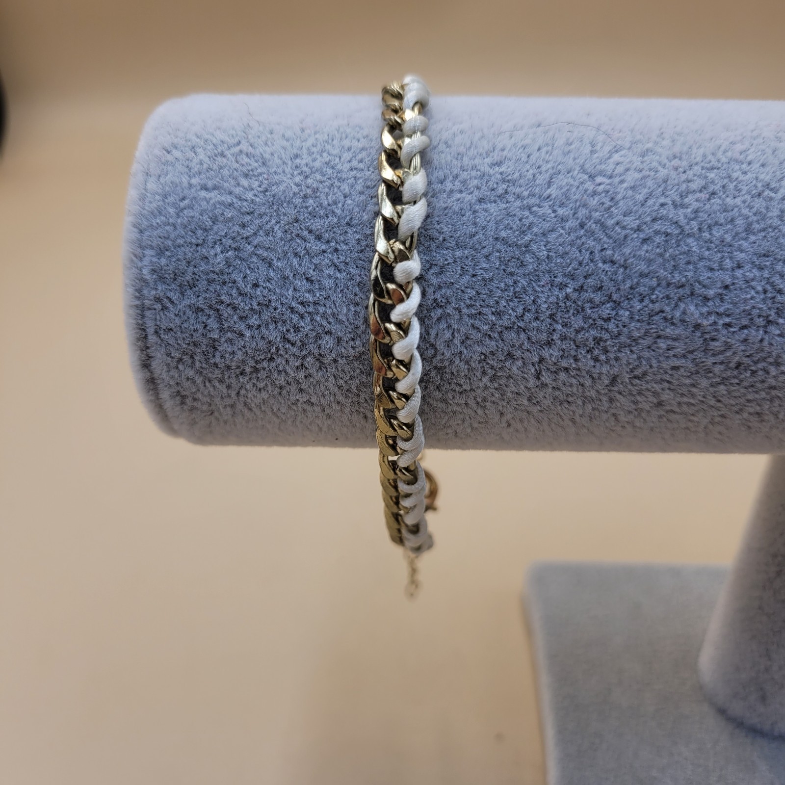Zara Curb Chain Woven String Adjustable Bracelet Goldtone White 9 In Adjustable
