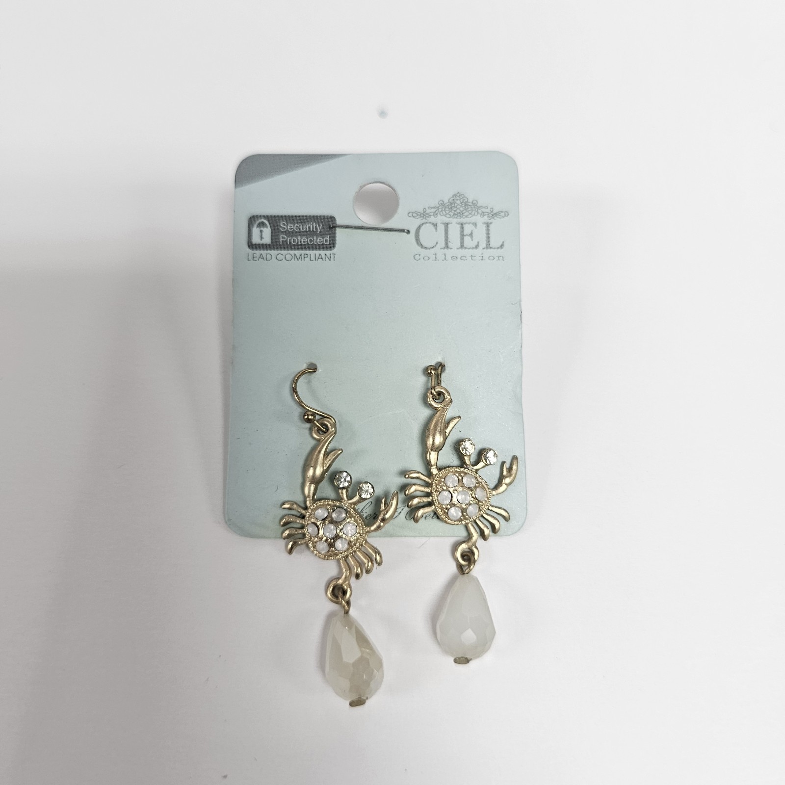 CIEL Collection Crab Dangle Earrings Gold Tone Crystal White Bead Coastal