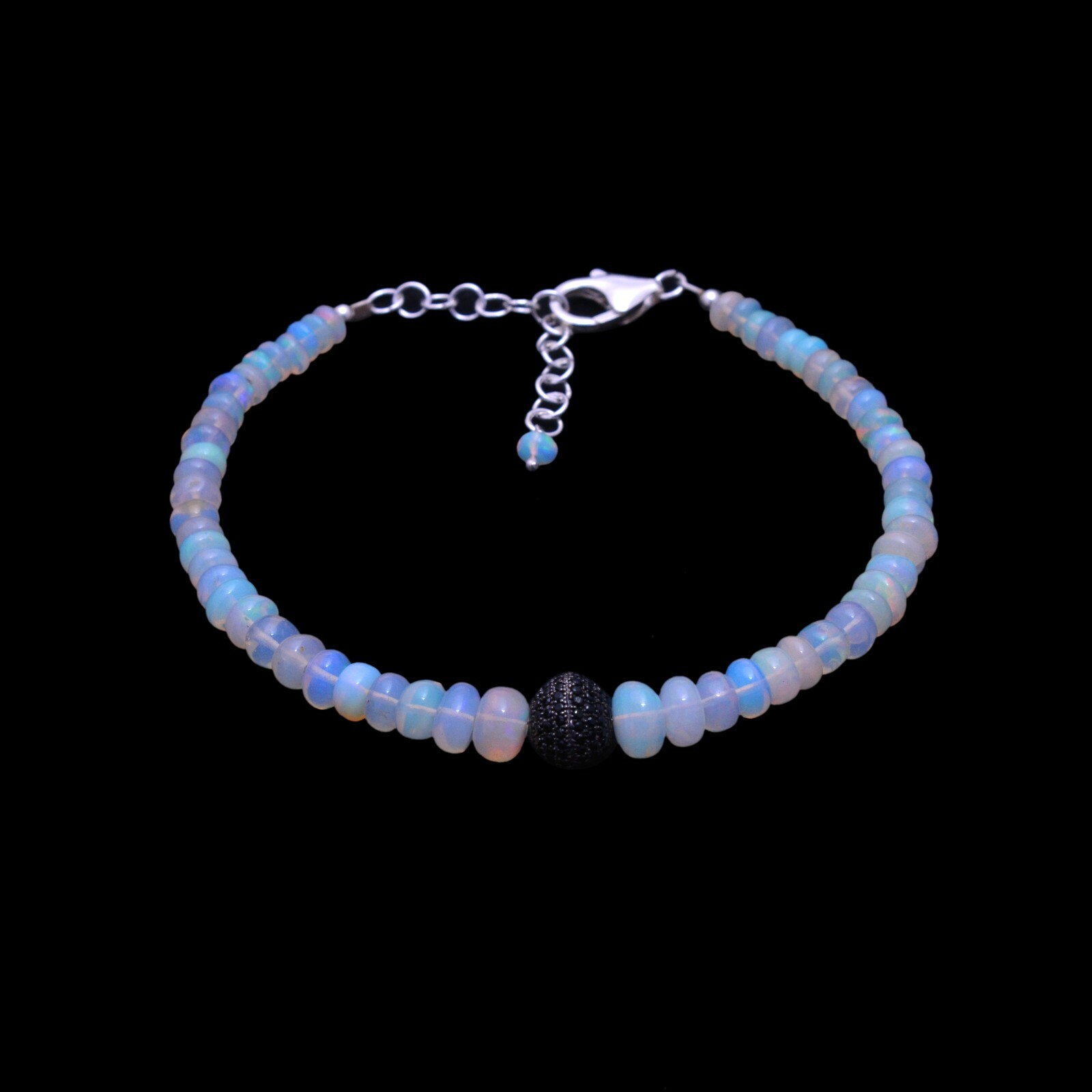 Ethiopian Opal Beaded Bracelet,Black Spinel Silver Ball,Opal Bracelet,Spinel