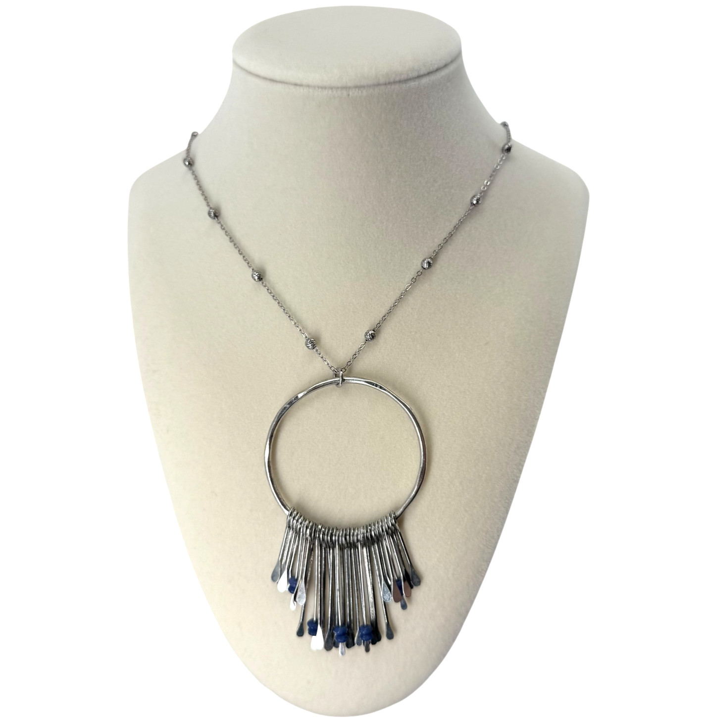 J. Jill Beaded Necklace Blue Silver Fringe Pendant Long Boho Artisan Statement