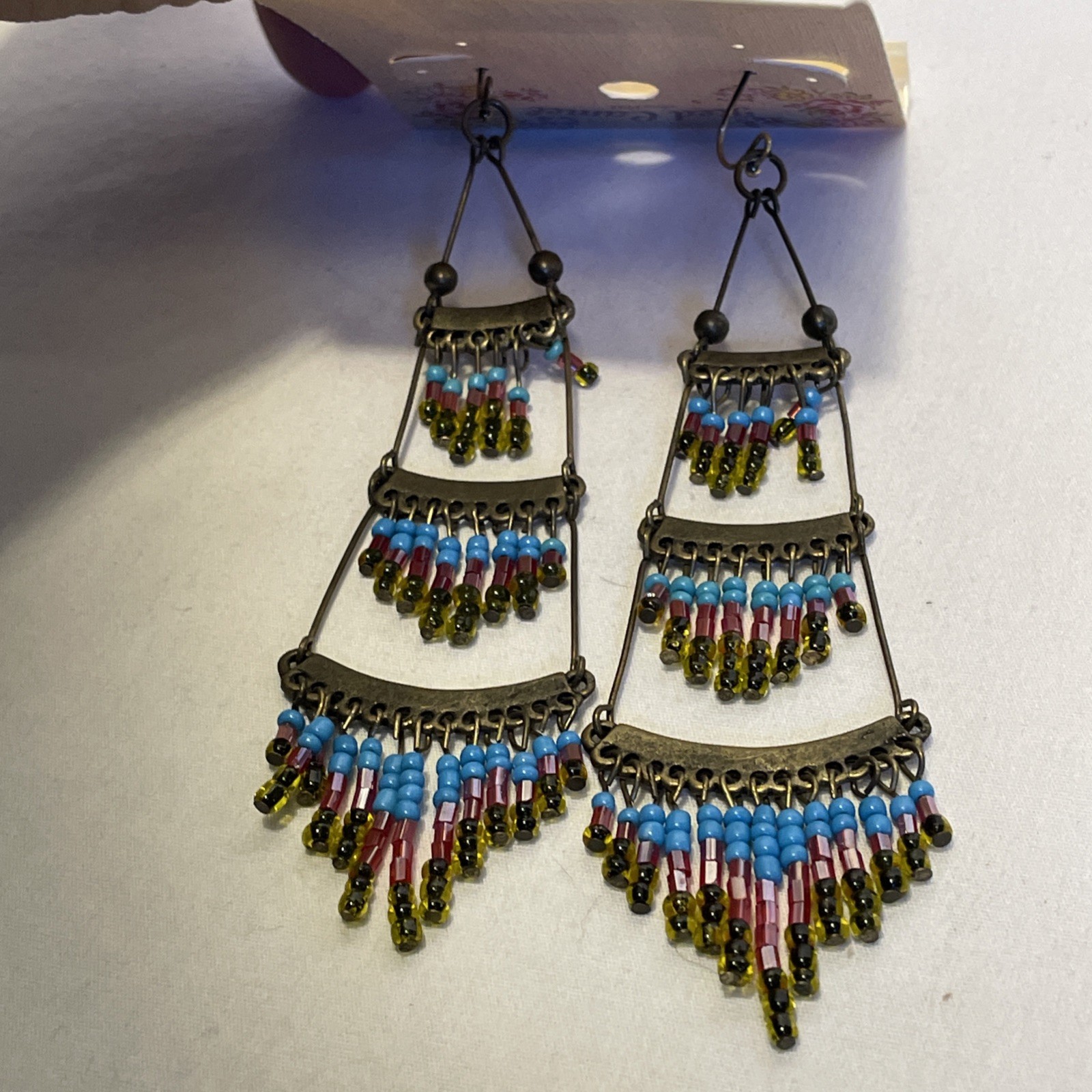 Red Camel Boho Micro Bead Chandelier Earrings 3 Tier Fringe Dangle Drop 4.5″