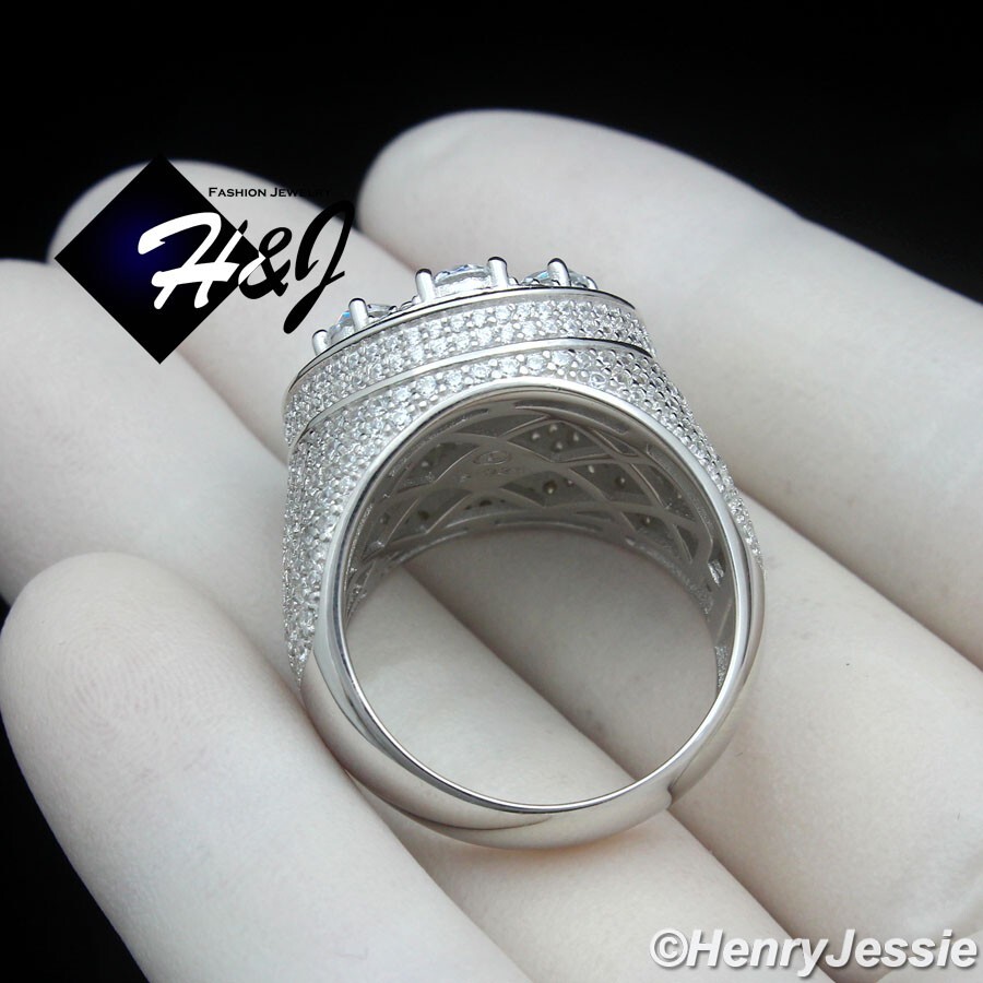 MEN SOLID 925 STERLING SILVER ICY BLING BAGUETTE CZ 3D ROUND RING*SR189