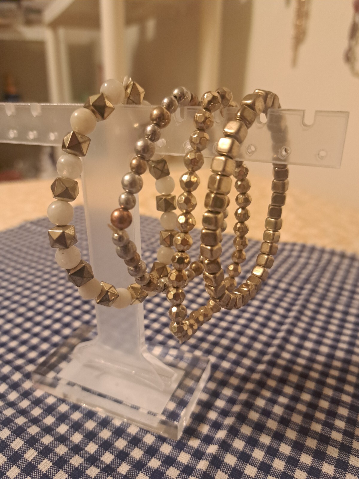 Set Of 4 Stretch Bracelets, Metal & Glass Beads, Stackable Bracelet