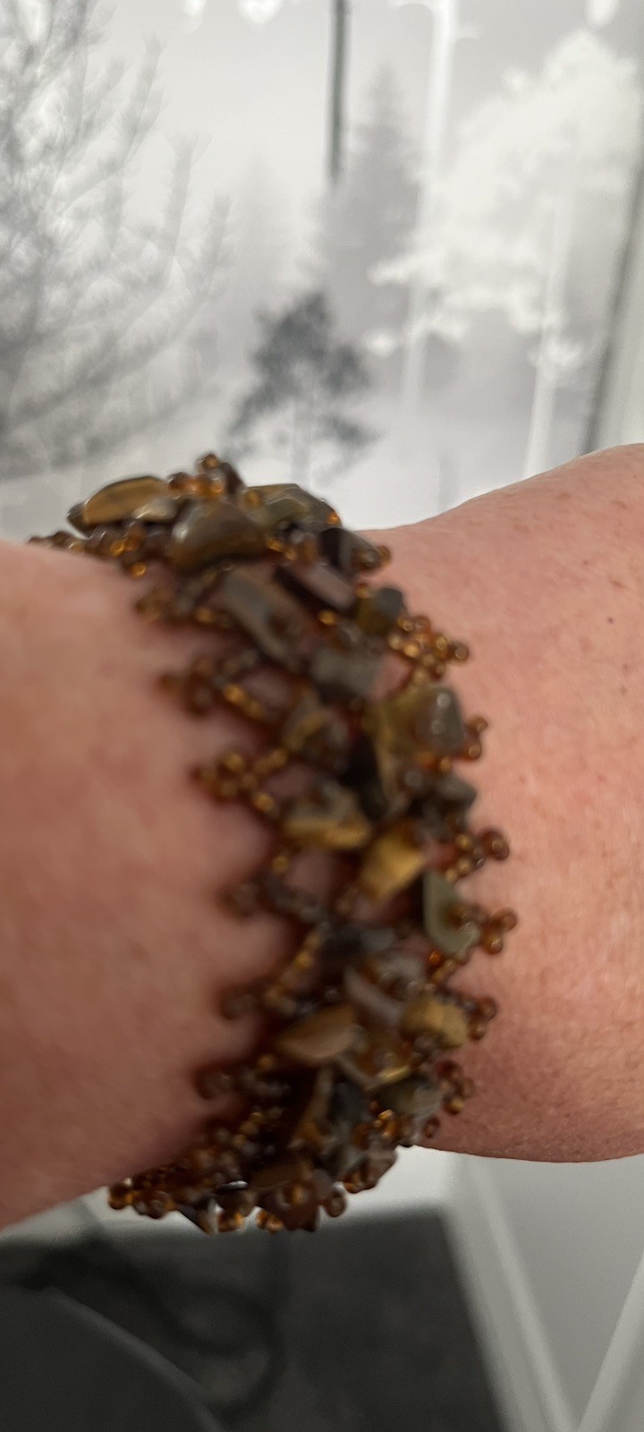Tiger Eye Chips & Seed Beads Cuff Bracelet 7-3/8” 18.5cm when fastened