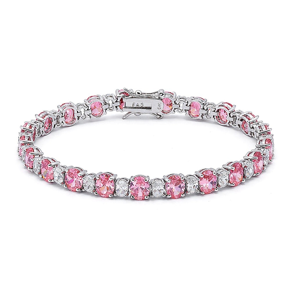 925 Sterling Silver Pink & White CZ Duo Oval Classic Bracelet 7.25 Inches