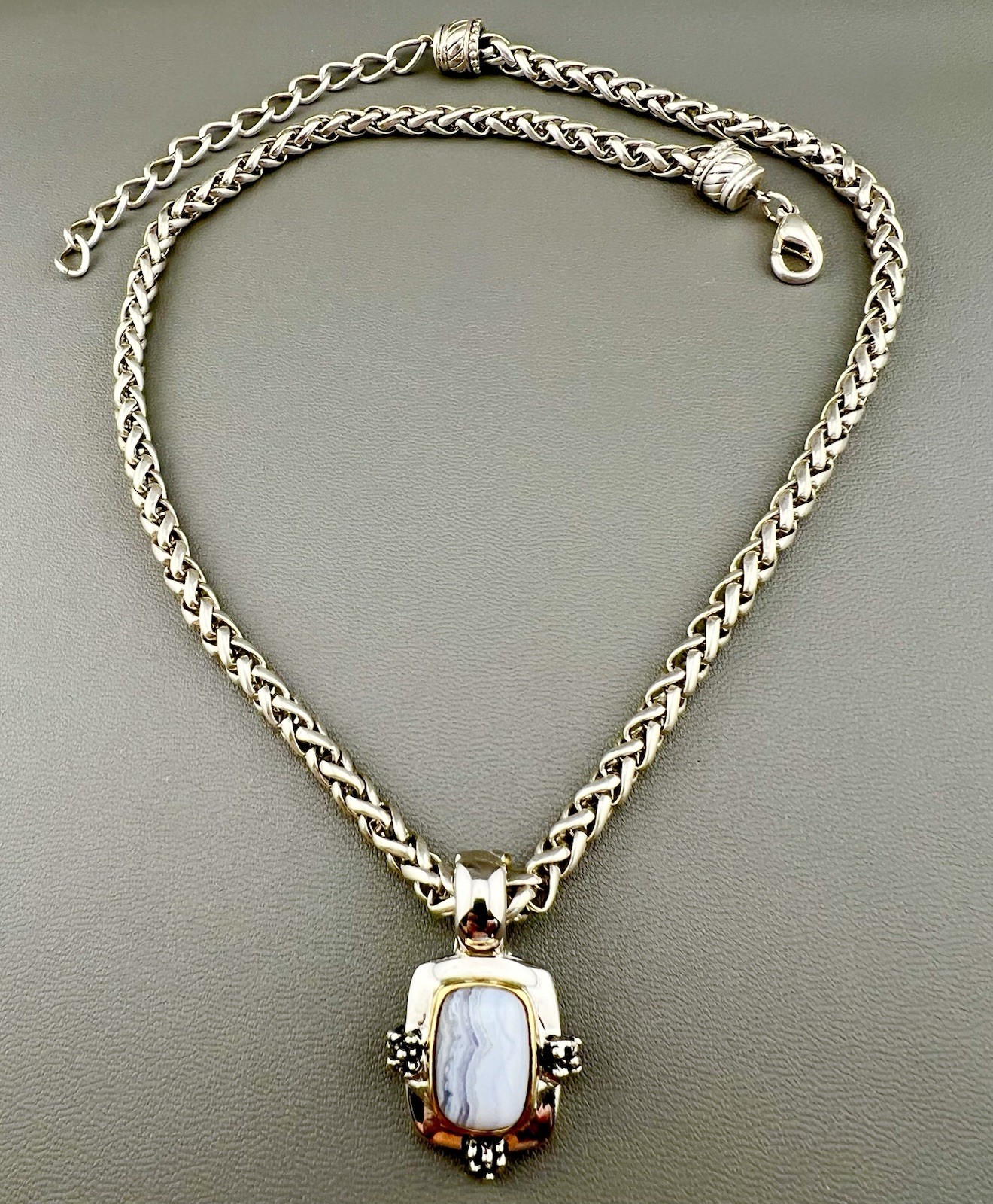 Blue Lace Agate Necklace Wheat Chain Silver Tone 18”