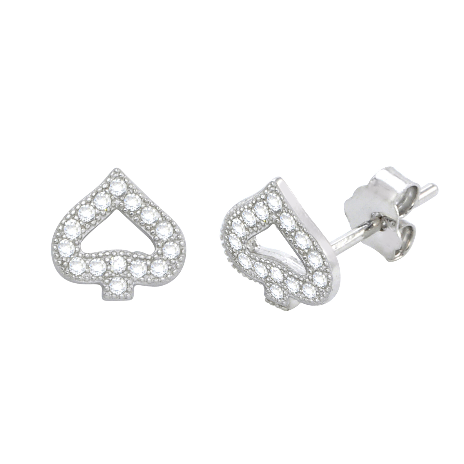 Sterling Silver Micropave Spade Stud Earrings White Cubic Zirconia 7mm