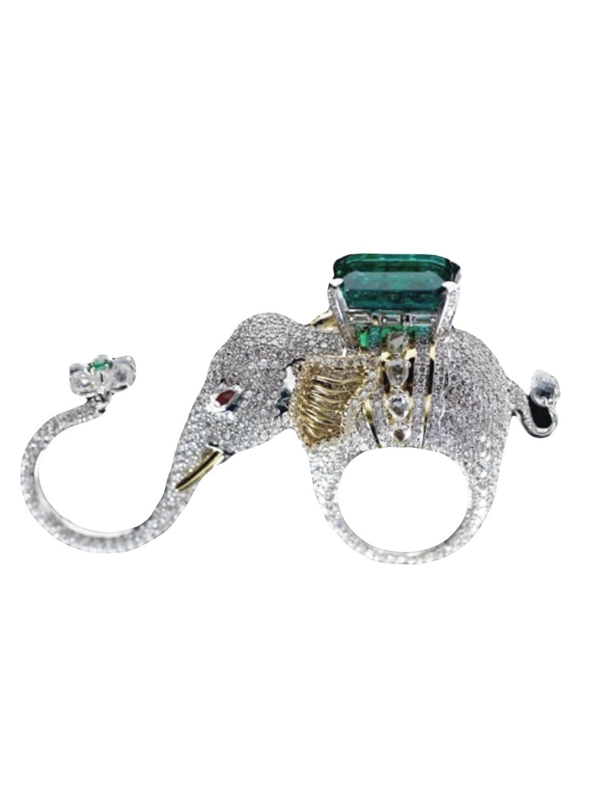 Queen Elephant 3 Finger Ring Emerald Ruby Austrian Crystals Platinum Plated Sz 8