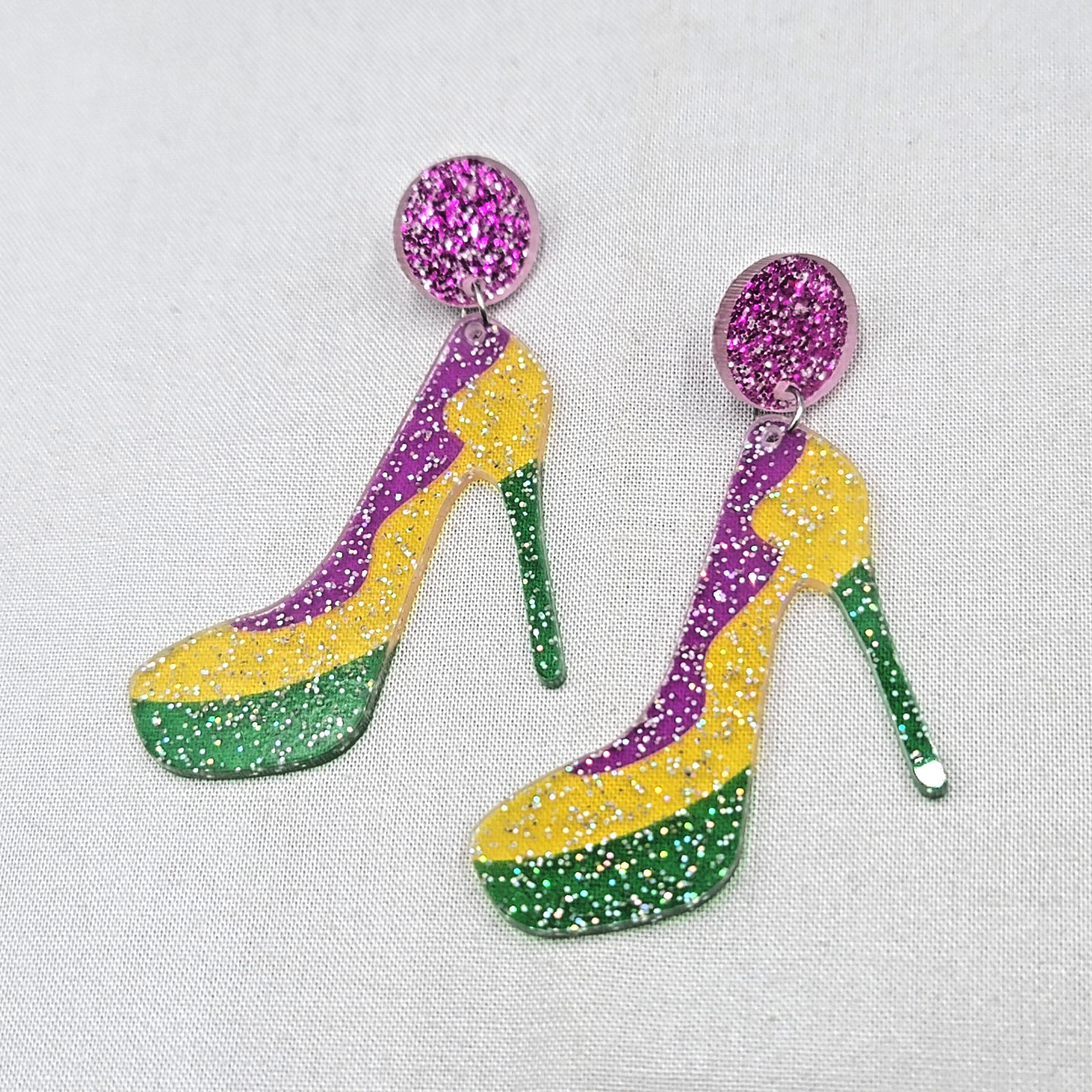 Glitter Multicolor High Heel Shoes Pierced Earrings Large Statement Dangle 2.5″