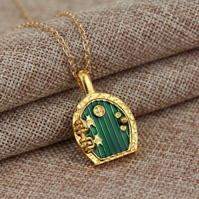 Gold Hobbit Hole, Lord of The Rings Pendant Locket Necklace – Green Door