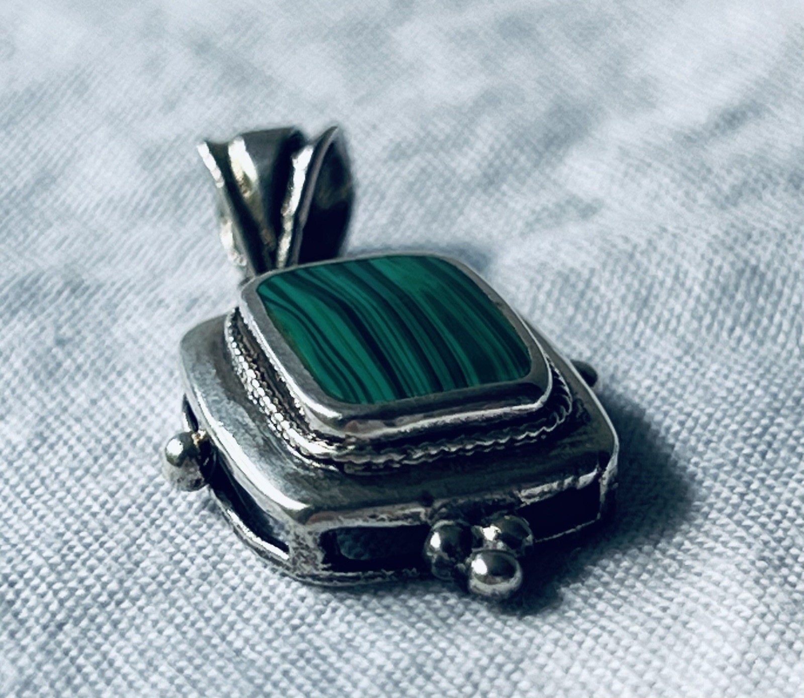 Small Silver-tone Pendant with Green Stone (Possibly Malachite?)