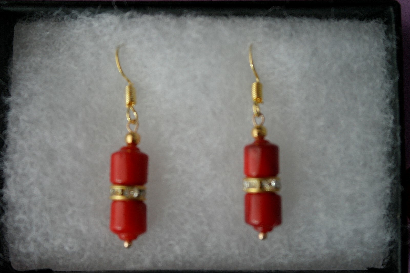 BEAUTIFUL GOLD PLATED EARRING WITH RED AGATE & CZ 3.8 GR 2.5 Cm. LONG + HOOKS