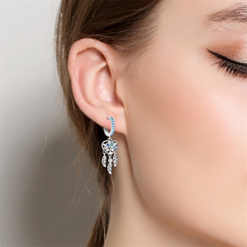 KUNSIR 925 Sterling Silver Fashion Jewelry Feather Dream Catcher Drop Earrings
