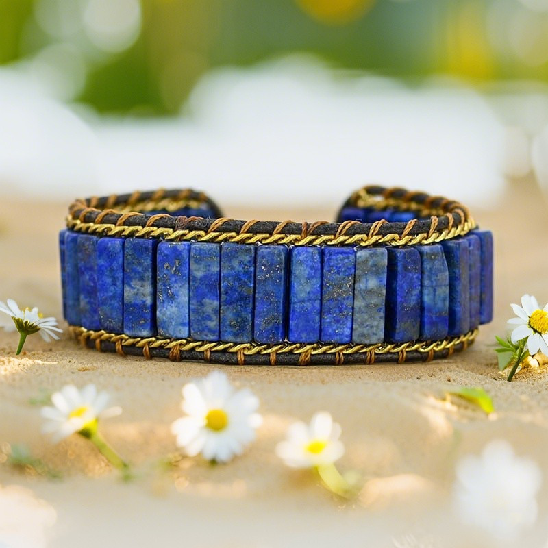 Natural Wide Lapis lazuli Beads Healing Chakra Blue Gemstone Warp Bracelet