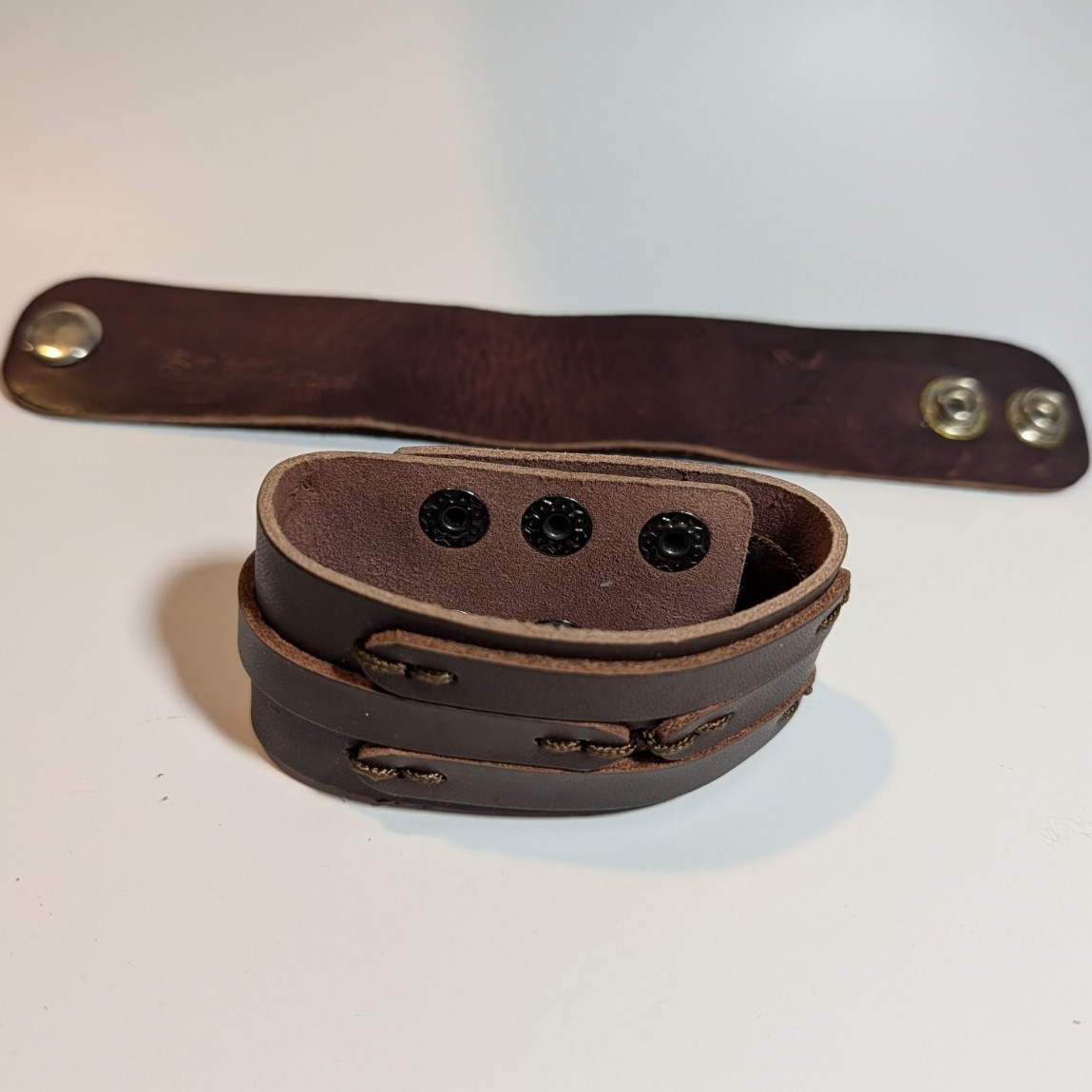 Two Brown Leather Wrap Cuff Bracelet Adjustable Snap Closure No Stone