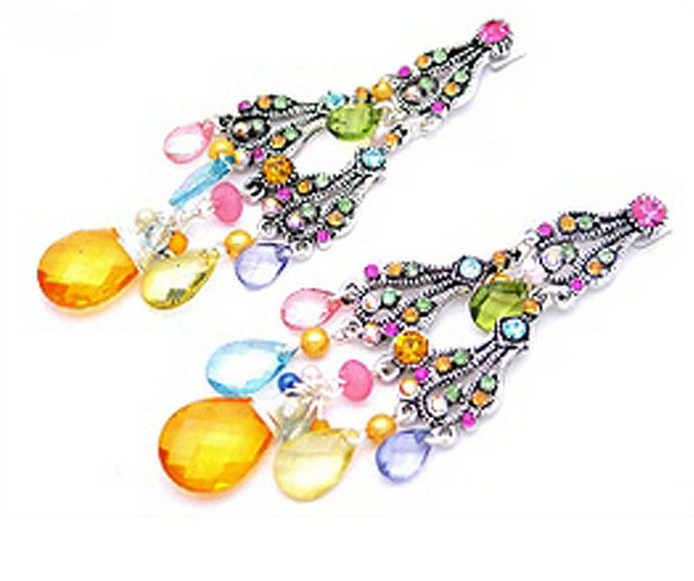 DESIGNER INSPIRED PINK GREEN BLUE GOLD CHANDELIER CRYSTAL ACRYLIC EARRINGS