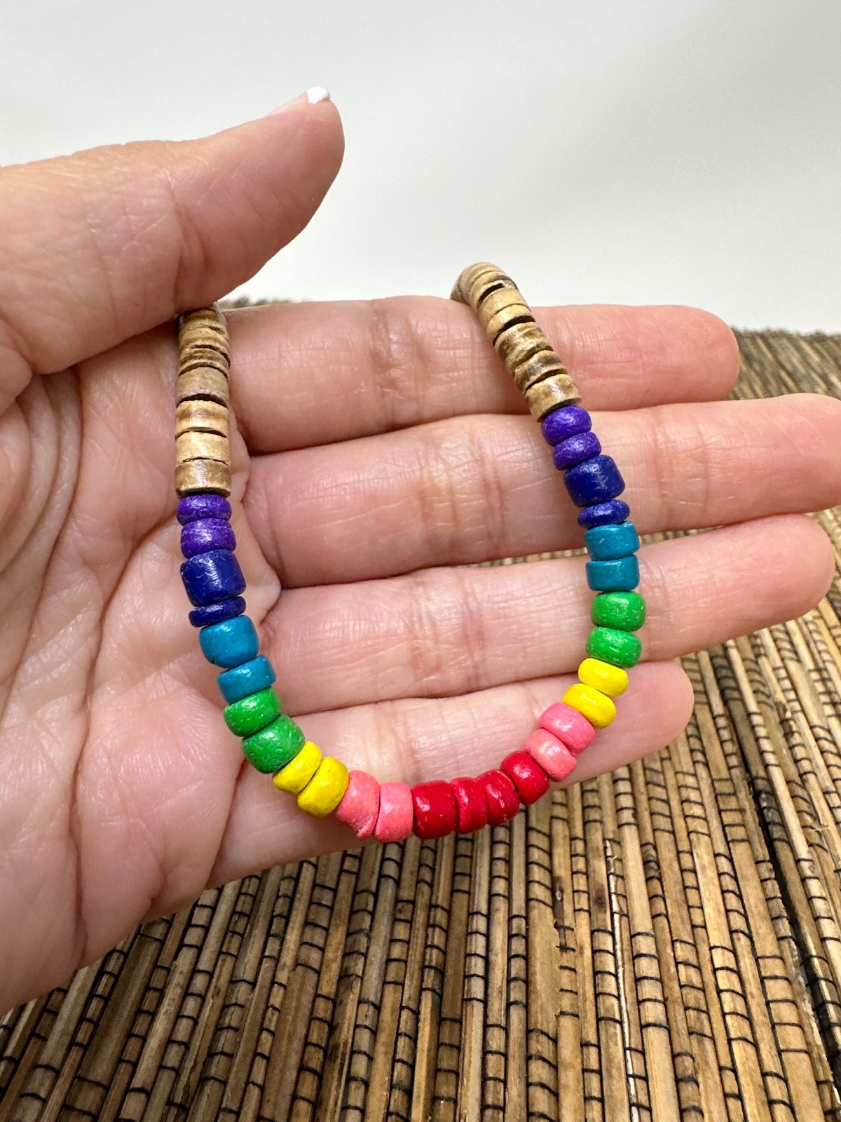 Handmade Rainbow Wooden Beaded Necklace LGBT Pride Unisex Beach Jewelry