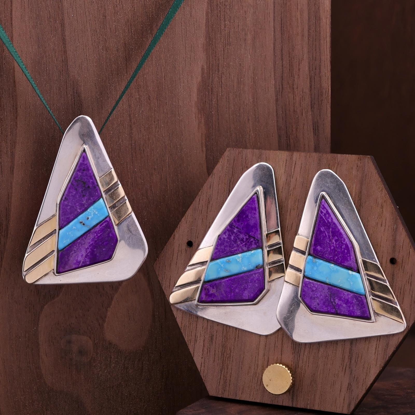 Ronnie Joe Henry Sterling and 14k Sugilite Turquoise Pendant & Earrings Set
