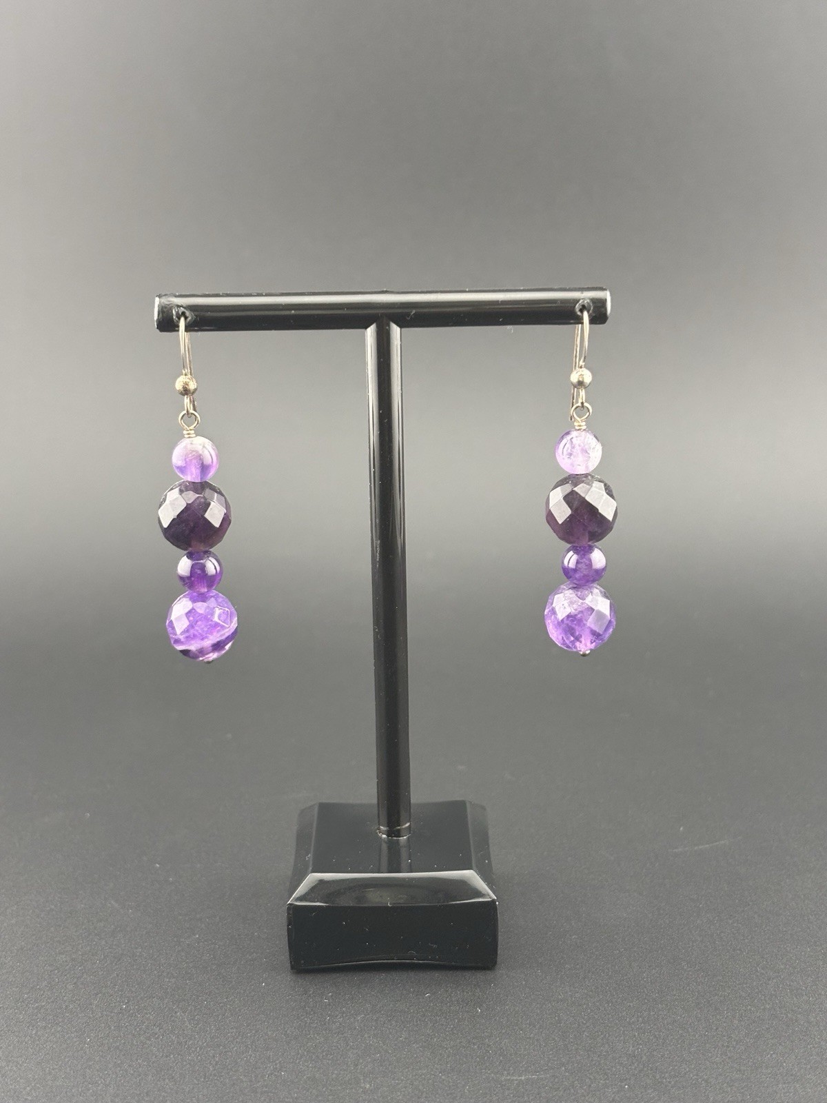 Genuine Amethyst 925 Sterling Silver Faceted Bead Dangle Earrings Purple