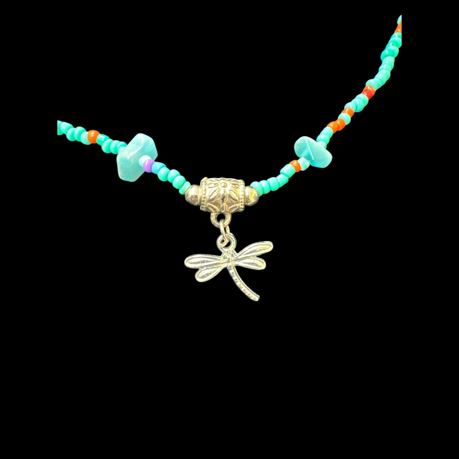 Womens Necklace Dragonfly Pendant Silver Tone, Multicolored Beads 11 1/4″