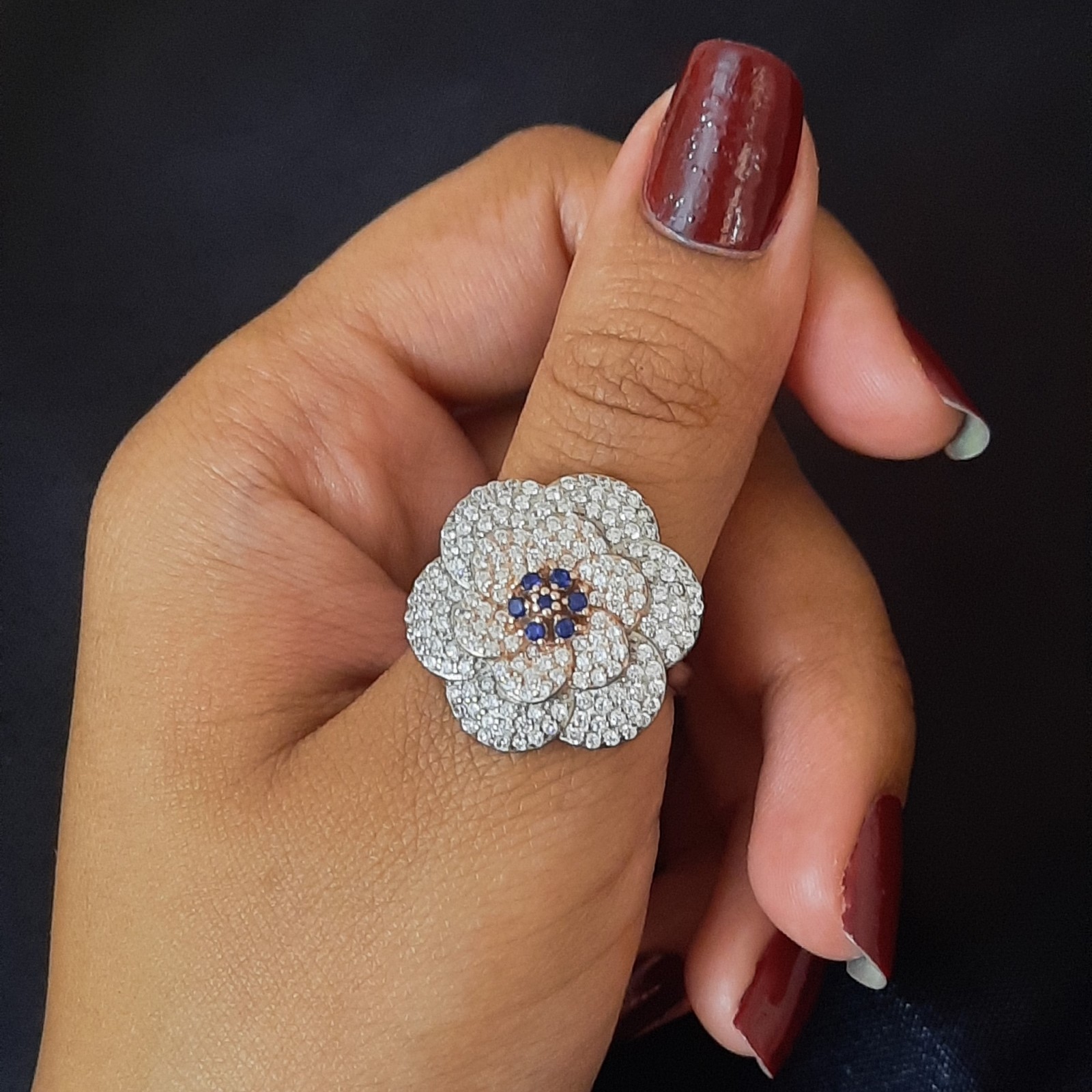 Flower CZ Ring with Blue Stone in Sterling Silver 925, Statement Ring 6.8