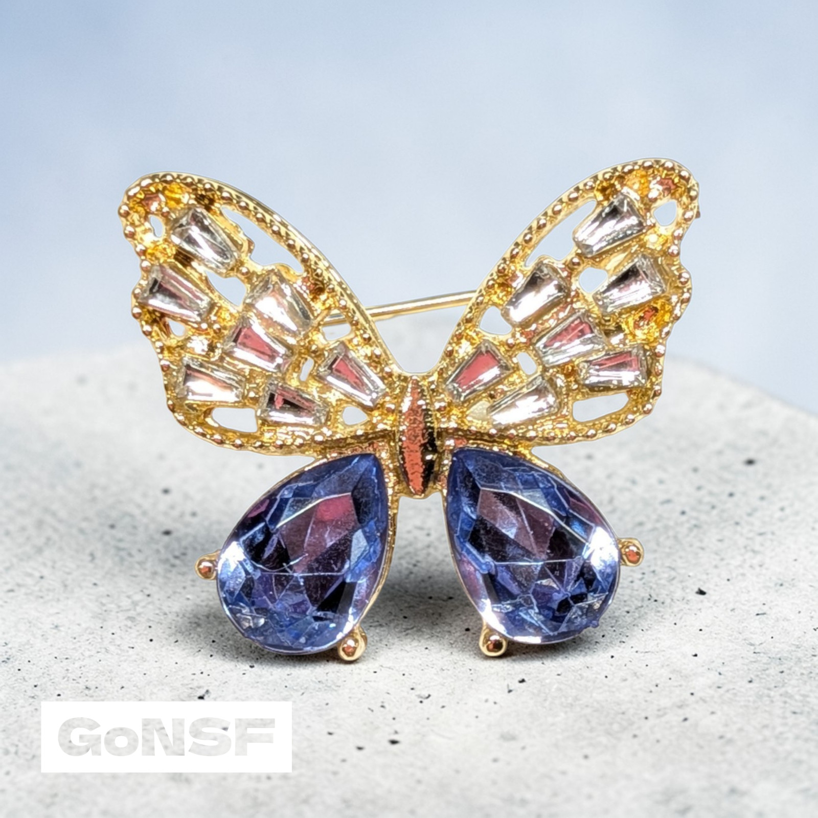 Vintage Blue Crystal Rhinestone Butterfly Gold Tone Brooch Pin 1” Inch