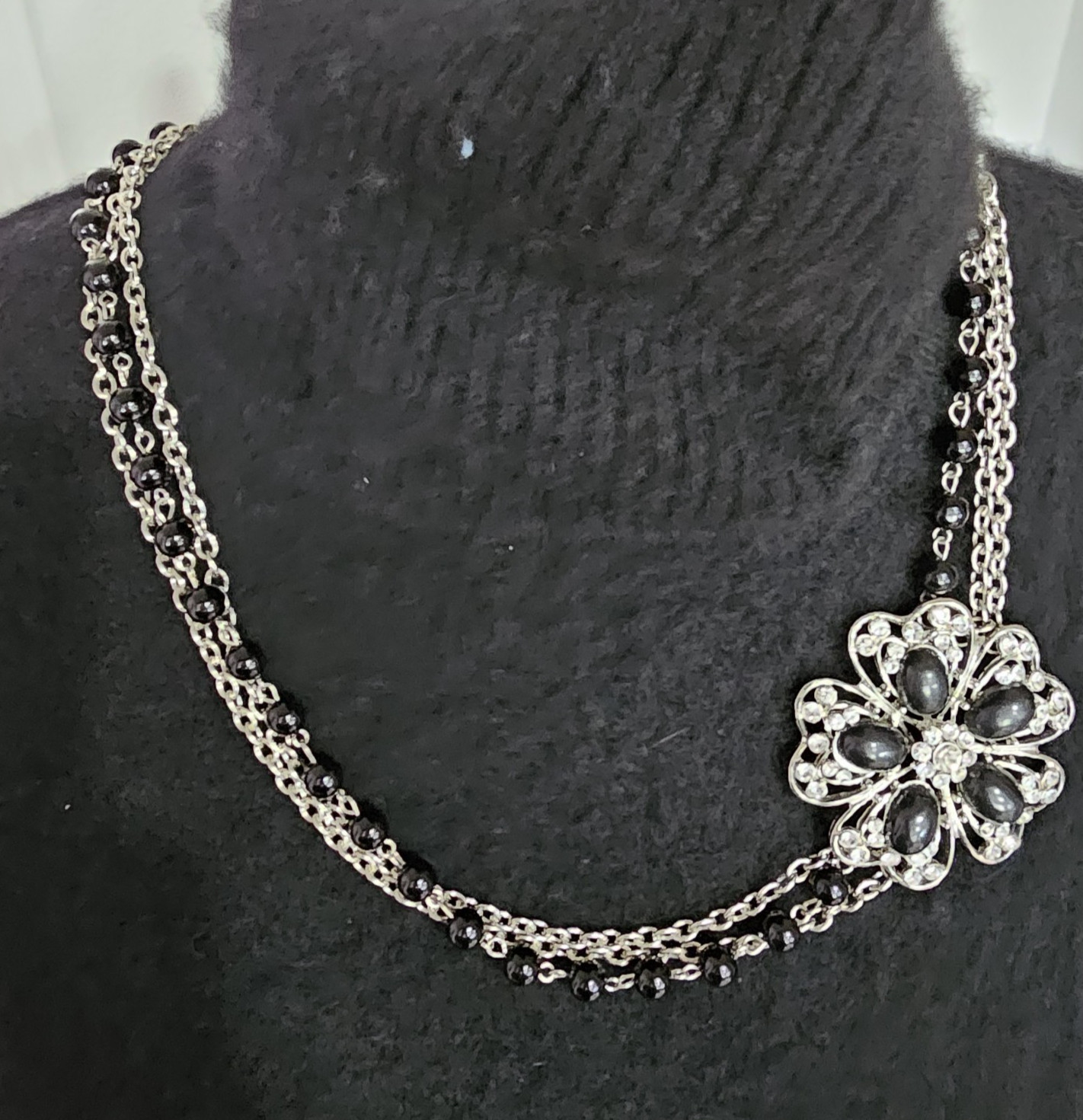 Silver Tone Black Flower Statement Necklace Layered Chain Floral Crystal Accent