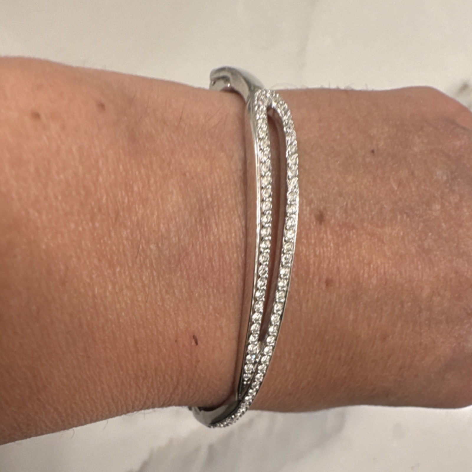 Swarovski Silver Crystal Bangle Bracelet Stackable Push Lock Pavé Setting