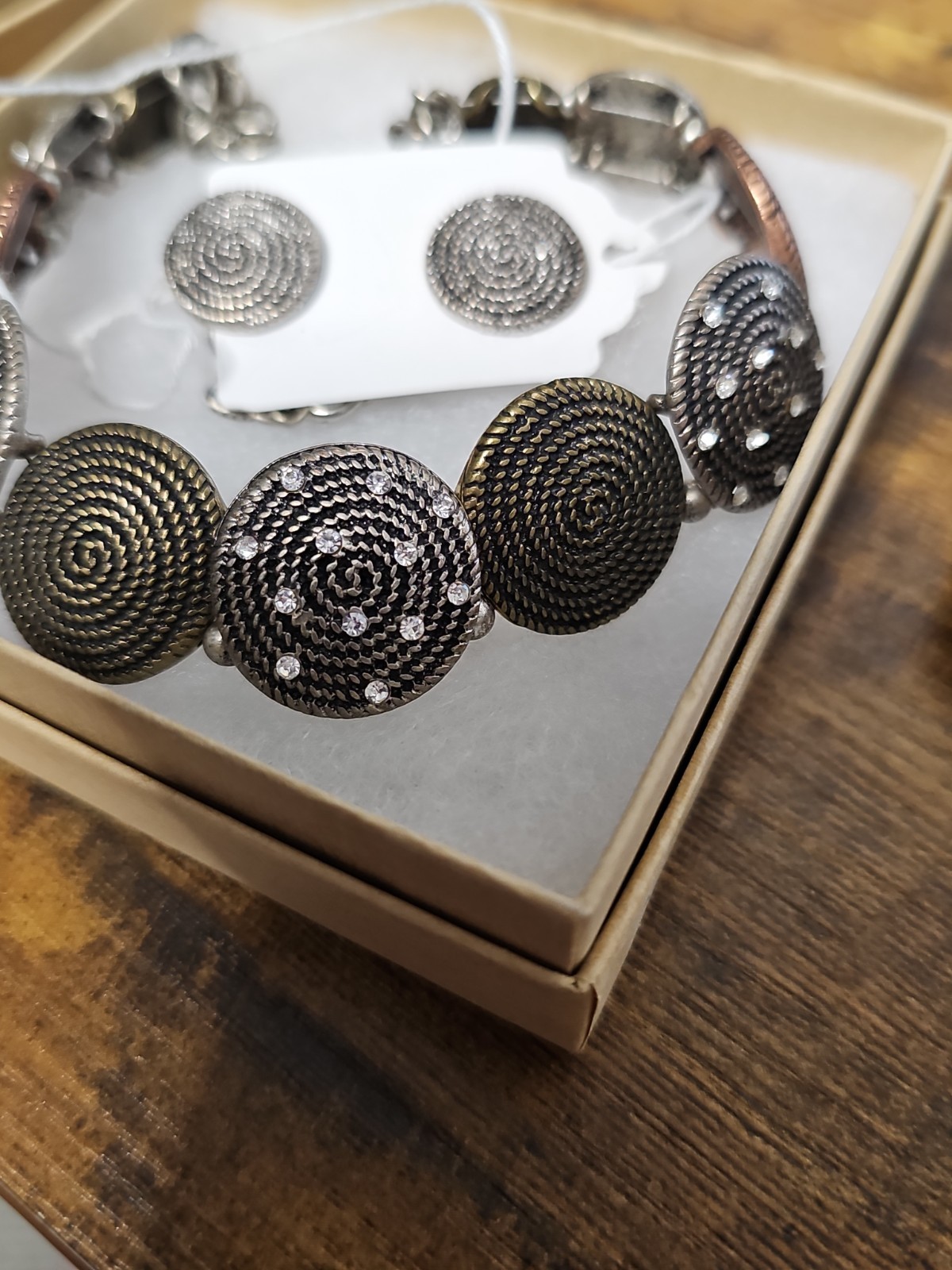 Silver Tone Swirl Disc Statement Necklace & Earrings Set Boho Spiral Bib Necklac