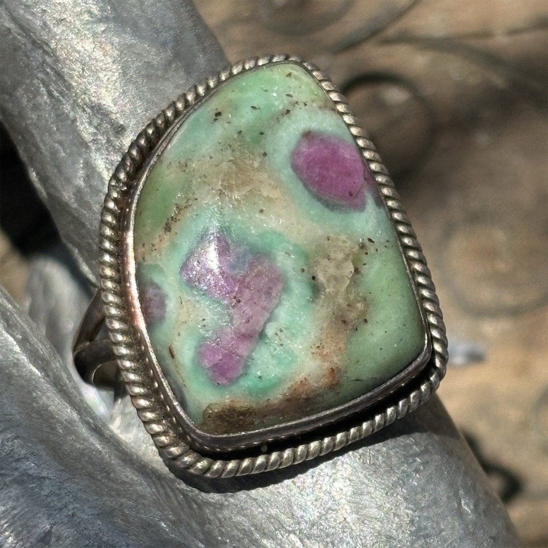 Handmade sterling silver Ruby in fuschite gemstone bezel set ring size 8.5