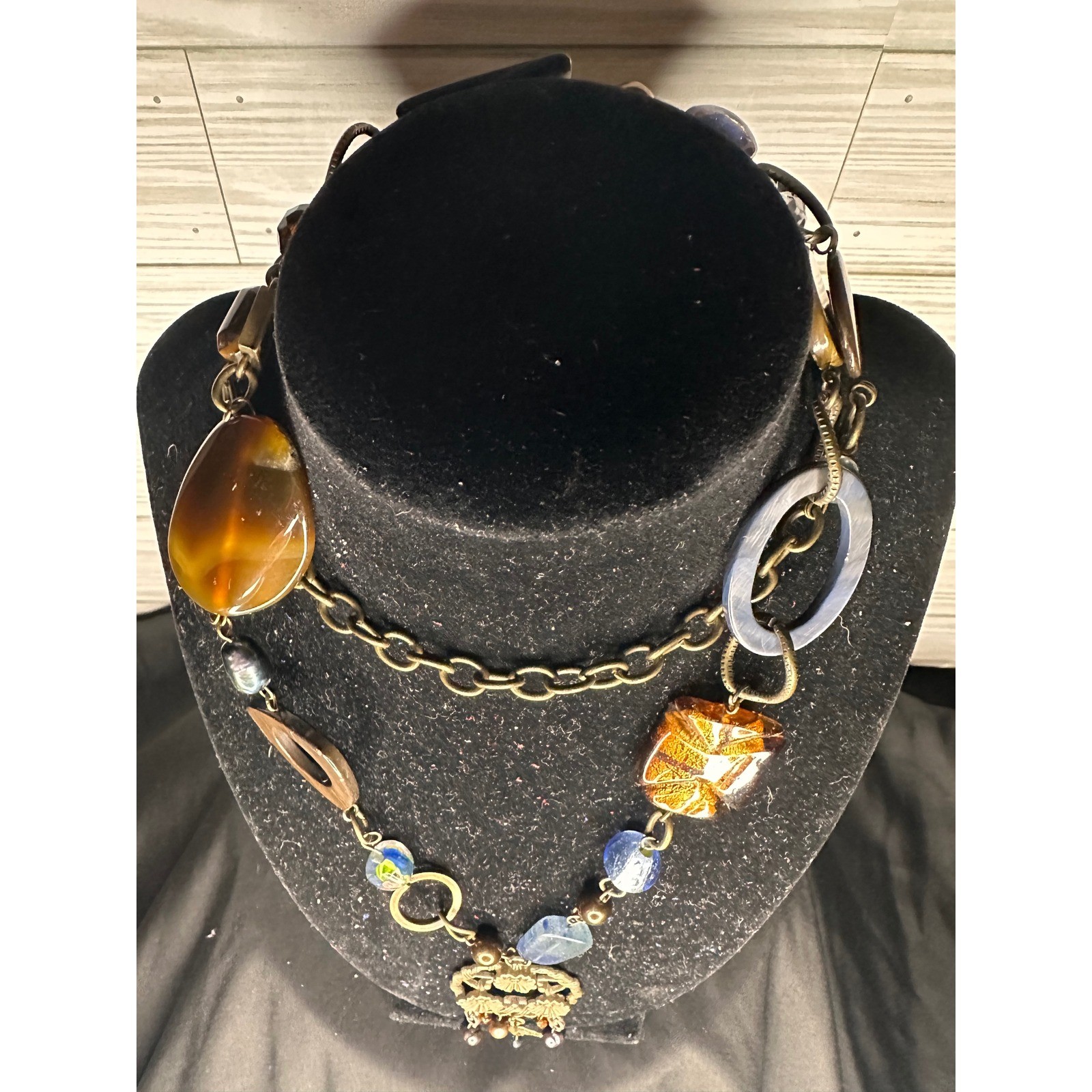 Boho Statement Necklace Mixed Media: Glass Stone Brass Wood