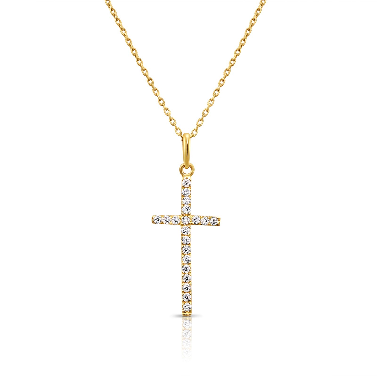 14K Real Solid Yellow Gold Dainty Pave Thin Cross CZ Pendant Charm Necklace 18in