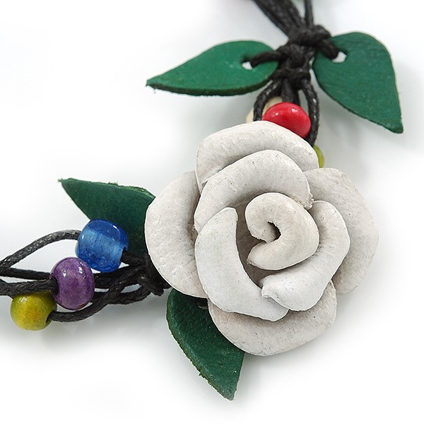 Handmade White Leather Rose with Green Leaves Cotton Cord Bracelet – 16cm L/