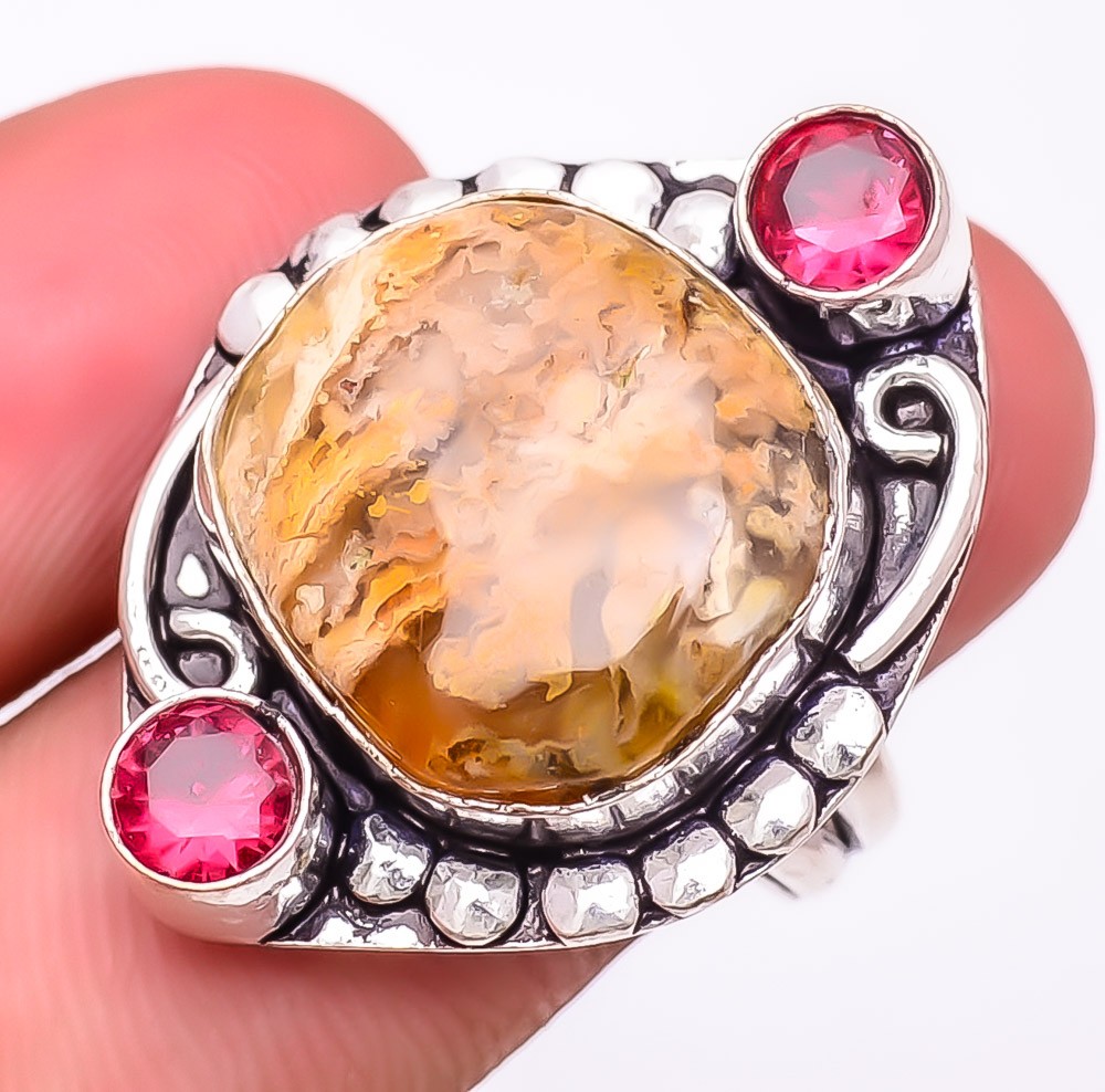 Natural Plume Agate & Rubellite Gemstone 925 Silver Plated Ring s.8.5 S29