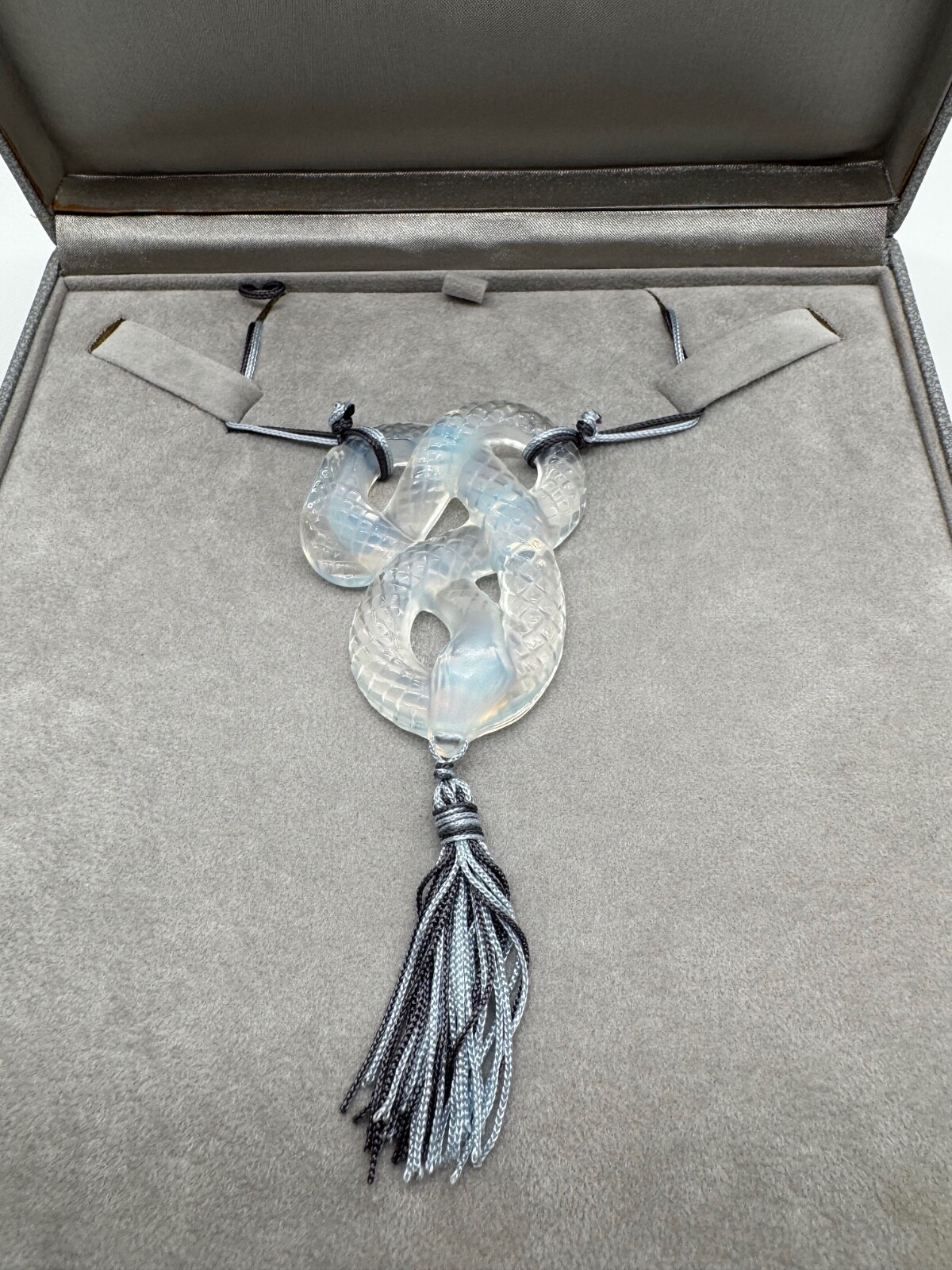 Lalique France Crystal Clear Snake Serpent Pendant Silk Cord Necklace w/ Box