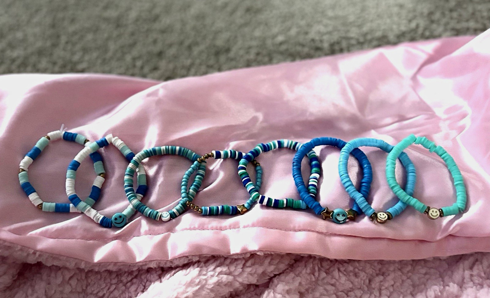 Set of 8 Blue & White Beaded Stretch Stackable Bracelets