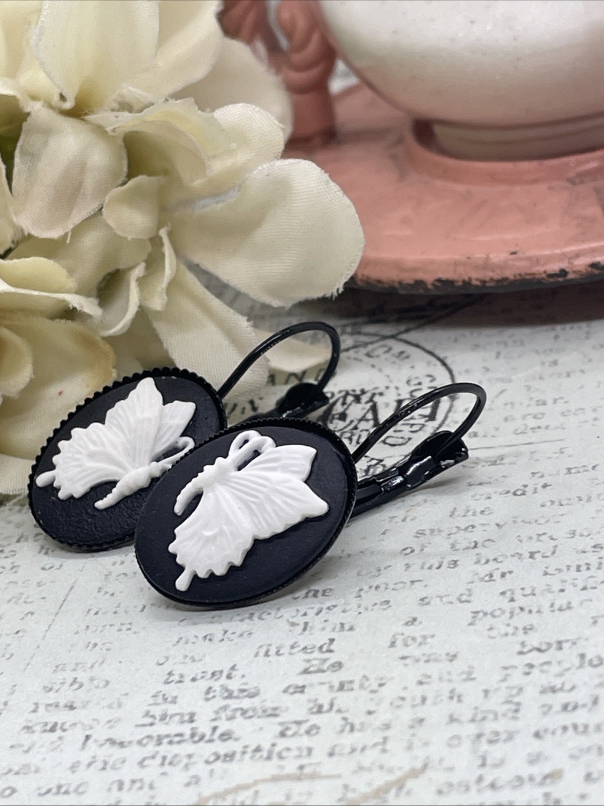 Black Setting Enamel Cameo Butterfly Mom Birthday Anniversary Gift Earrings